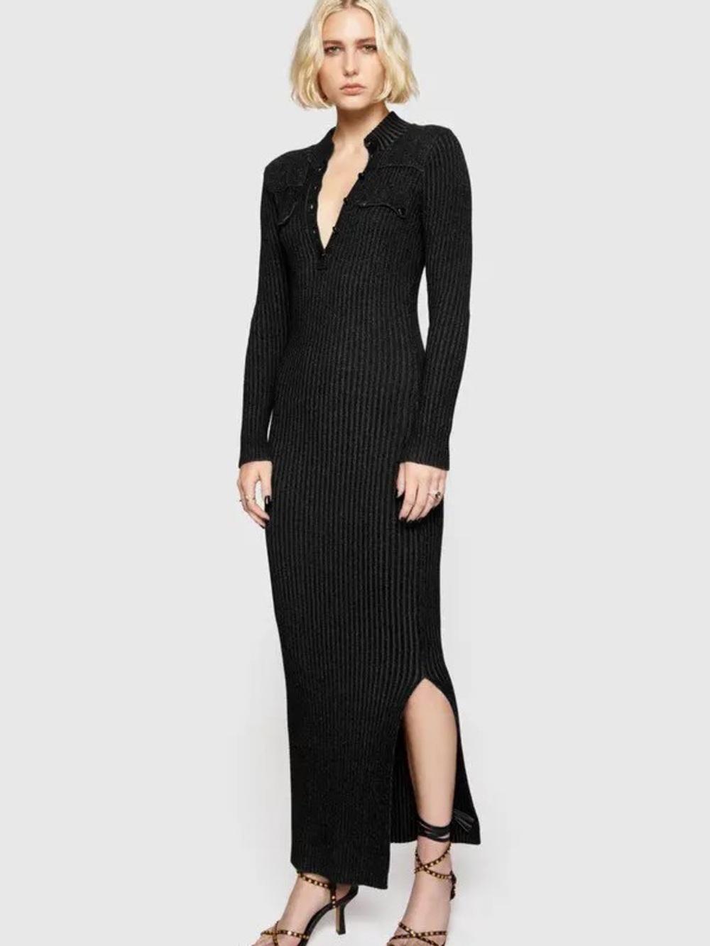 Rebecca Minkoff Black Ribbed Long-Sleeve Maxi Dress with Side Slit